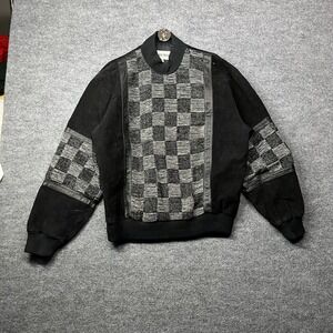 Black Stone Pullover Bomber Jacket Checkered Suede Knit Shoulder Zip Korean Made